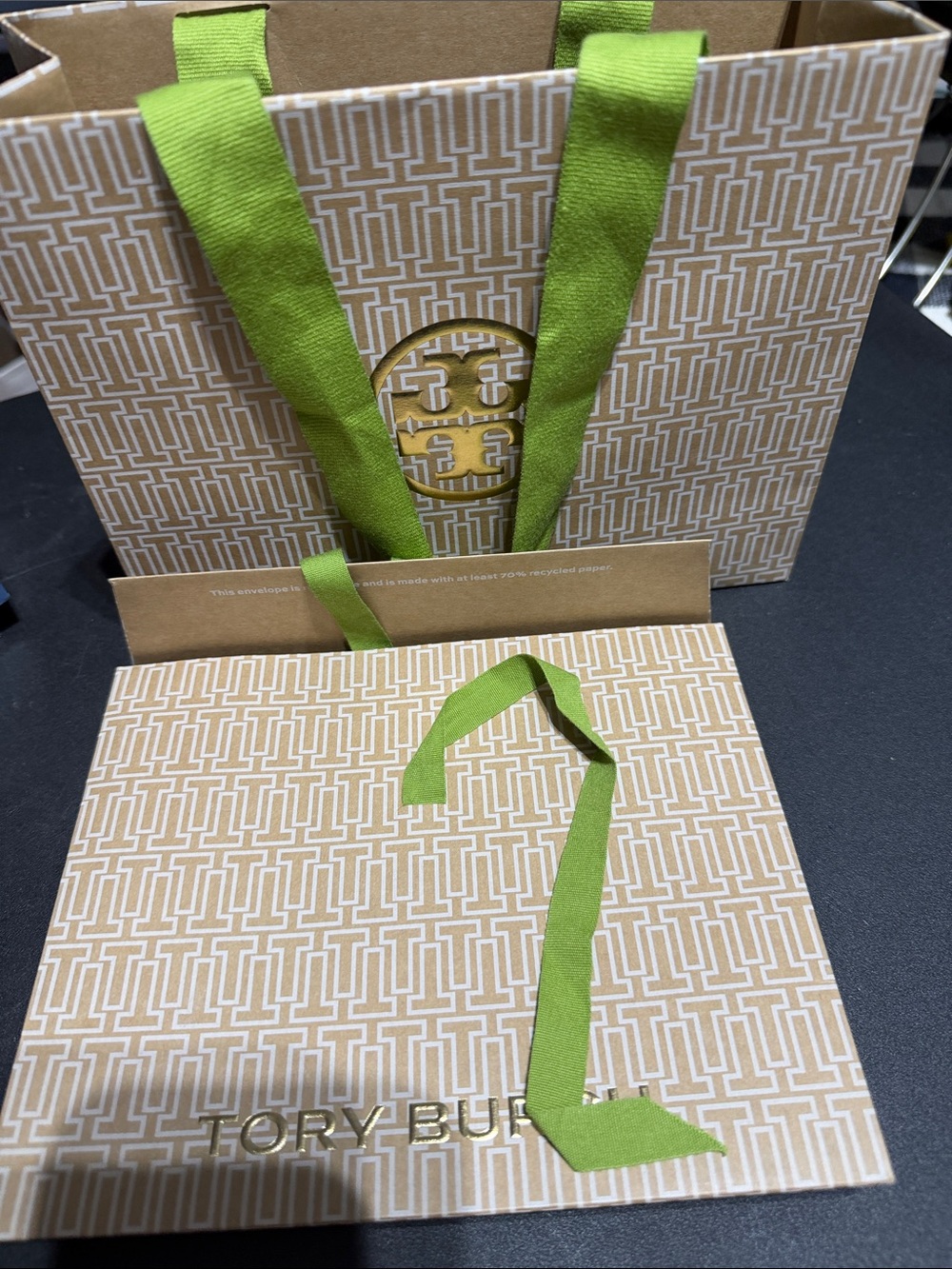 Tory Burch Beige Patterned Gift Bag with Lime Green Ribbon Handles